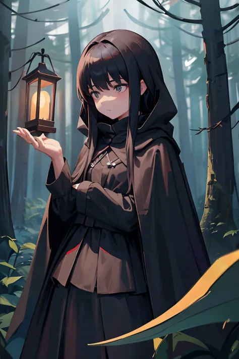 14-year-old girl in black cloak, silent, calm, grim, scythe in her right hand, lantern in her left hand Wandering in the forest