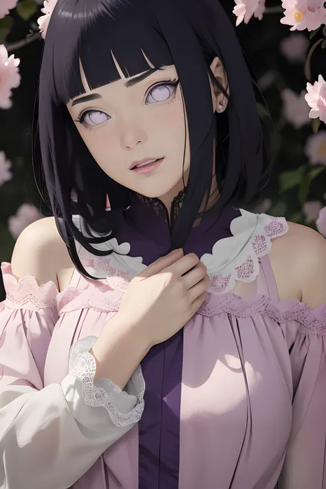 Masterpiece, absurderes, Hinata(Boruto), 1girll, Solo,Mature female, Off-the-shoulder lace shirt, When looking at the camera, (Falling petals), Perfectcomposition, Detailed lips, big breast, Beautiful face, body propotion, Blush, (Pink lips), Long hair,  P...