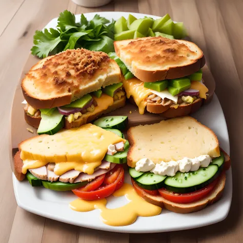 A sandwich but with cheese instead of bread. Inside the 2 slices of cheese, there is cucumber, onions, tomatoes and guac. Outside sprinkle breadcrumbs and cook it to perfection