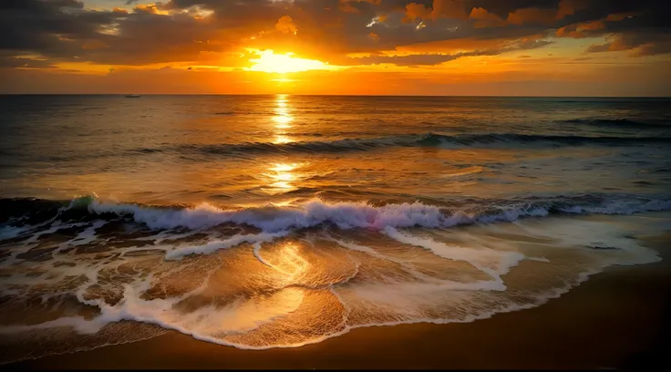 An absolutely mesmerizing sunset over the beach, with a blend of oranges, pinks, and yellows filling the sky. Crystal-clear waters of the sea gently kissing the shore, with sandy white beach stretching far and wide. The scene is dynamic and breathtaking, w...