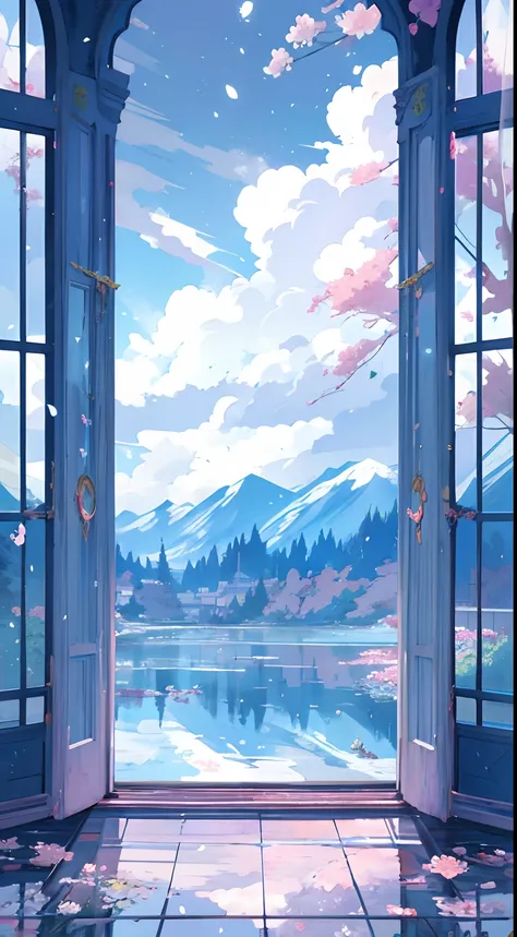 The view of the lake can be seen through the window full of flowers, Landscape wallpaper aesthetics, open window ib background, anime backgrounds, Anime background art, landscape artwork, Detailed scenery —width 672, anime beautiful peace scene, beautiful ...