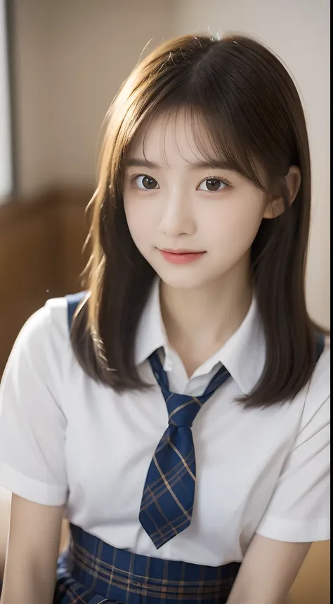 tmasterpiece，top-quality，offcial art，Highly detailed CG Unity 8K wallpapers，female high-school student，Very delicate beautiful，超A high resolution，（realisticlying：1.4），Golden Hour Lighting，（full body Esbian），in class room，（Platinum Shorthair：0.8），（Pretty ey...