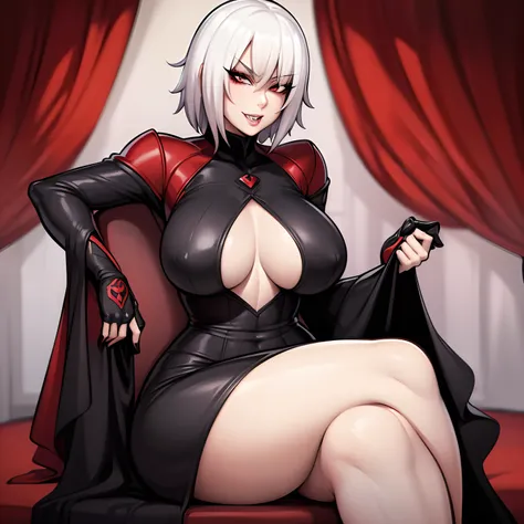 (((Solo))) Vampire girl with short white hair, (red eyes), ((wearing a black dress)), wearing gloves, Anime style 4K, large chest, curvy hips, long legs, detailed eyes, ((sitting)), on a throne