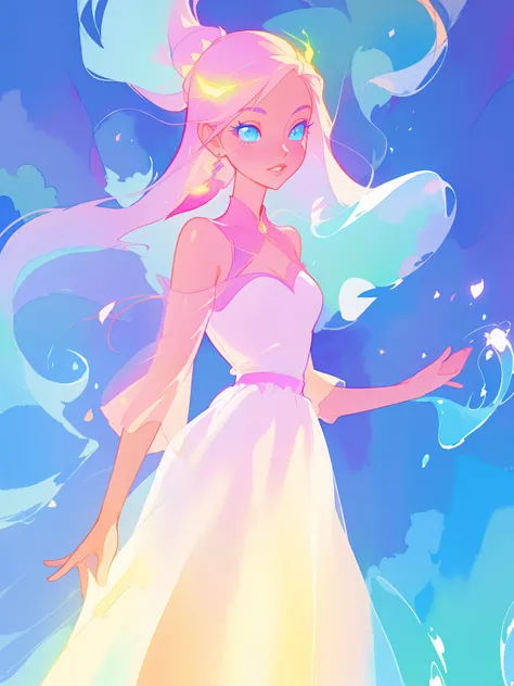 beautiful girl in white dress, fairy dress, long colorful liquid hair, watercolor illustration, inspired by Glen Keane, inspired by Lois van Baarle, disney art style, by Lois van Baarle, glowing aura around her, by Glen Keane, jen bartel, glowing lights! d...