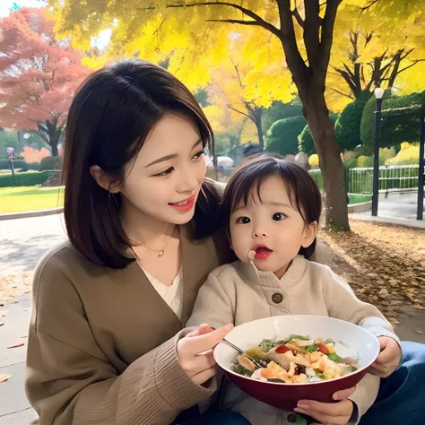 The season is autumn、Winter clothes、a park、Colored leaves、happy family、home cooking、meal、The child is eating、Rice is around the mouth、Mother watching next to her child、Beauty wife、The child has an open mouth、