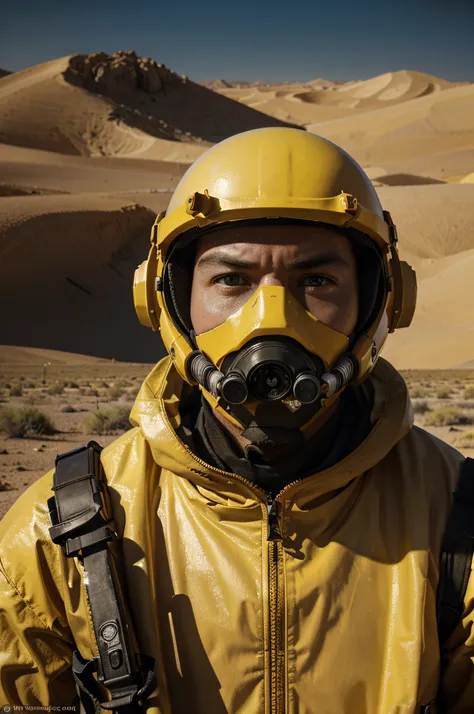 Hyperrealist , fantasy art , photo realistic , 1 guy with a full HAZMAT Suit, in the desert yellow color, dynamic envirenement and lighting  , desert background , middle of no where, apocalypse ambiance, very dark envirnement, shot , complet vision