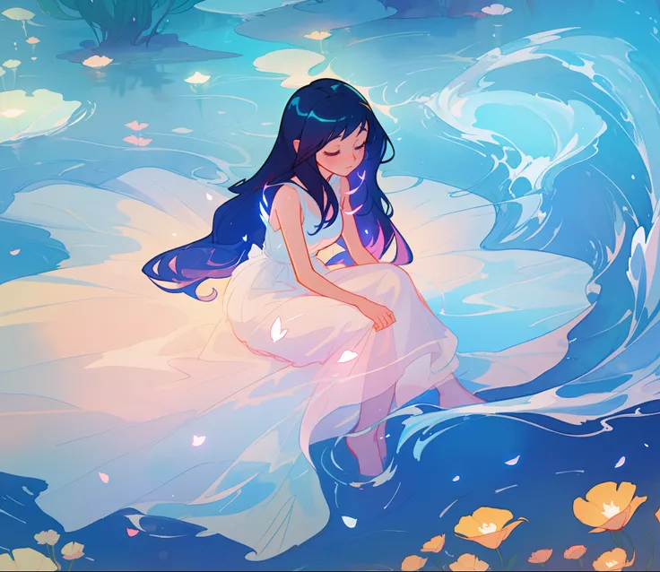 beautiful girl in white dress made of seafoam, long dark hair, beautiful girl sitting in the water, dress made of liquid, water nymph, water fairy, watercolor illustration, inspired by Glen Keane, inspired by Lois van Baarle, disney art style, by Lois van ...