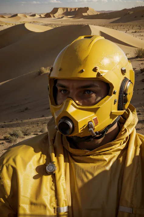 Hyperrealist , fantasy art , photo realistic , 1 guy with a full HAZMAT Suit, in the desert yellow color, dynamic envirenement and lighting , desert background , middle of no where, apocalypse ambiance, very dark envirnement, shot , complet vision