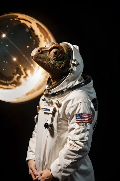 Chameleon in astronaut suit in black background