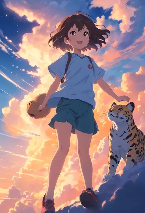 masterpiece, best quality, movie still, cute and crazy 11 year old Hispanic girl, cloud girl, floating in the sky, holding a Jaguar plushie, close-up, bright, happy, warm soft lighting, sunset, (sparks:0.7)