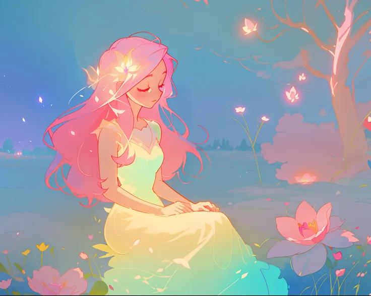 beautiful girl in white dress, fairy dress, beautiful girl sitting in a field with pink red flowers, glowing lights, whimsical landscape, long pink flowing hair, watercolor illustration, inspired by Glen Keane, inspired by Lois van Baarle, disney art style...