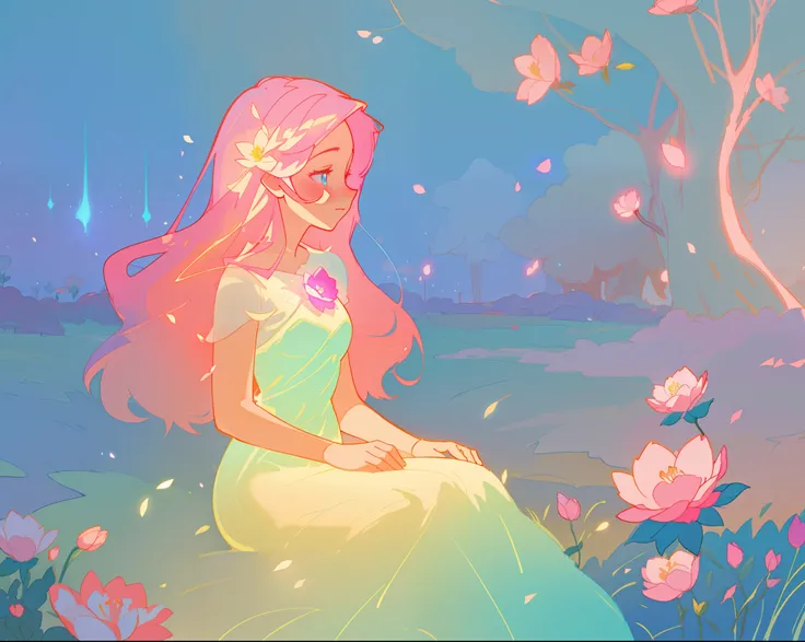 beautiful girl in white dress, fairy dress, beautiful girl sitting in a field with pink red flowers, glowing lights, whimsical landscape, long pink flowing hair, watercolor illustration, inspired by Glen Keane, inspired by Lois van Baarle, disney art style...