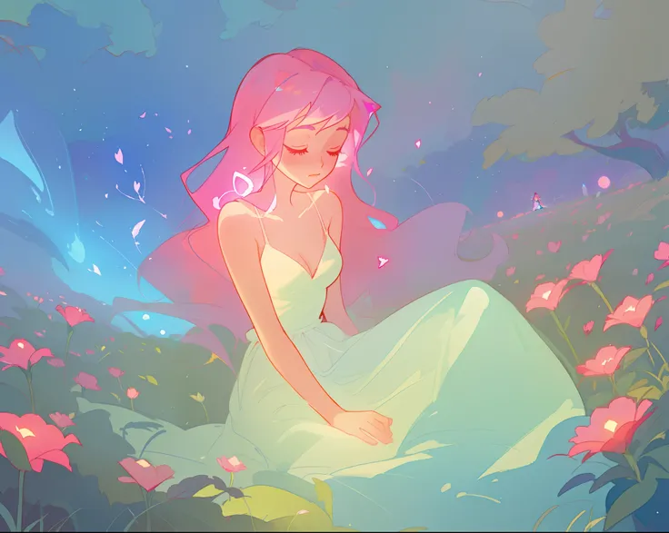 beautiful girl in white dress, fairy dress, beautiful girl sitting in a field with pink red flowers, glowing lights, whimsical landscape, long pink flowing hair, watercolor illustration, inspired by Glen Keane, inspired by Lois van Baarle, disney art style...