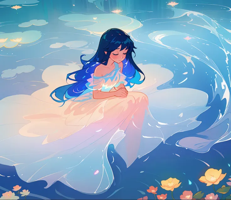 beautiful  girl covered by seafoam, long dark hair, beautiful girl sitting in the water, dress made of white seafoam, water nymph, water fairy, watercolor illustration, inspired by Glen Keane, inspired by Lois van Baarle, disney art style, by Lois van Baar...