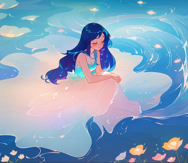 beautiful  girl covered by seafoam, long dark hair, beautiful girl sitting in the water, dress made of white seafoam, water nymph, water fairy, watercolor illustration, inspired by Glen Keane, inspired by Lois van Baarle, disney art style, by Lois van Baar...