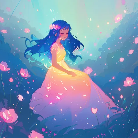 beautiful girl in gradient colorful dress, yellow pink purple fairy dress, beautiful girl sitting in a field with pink red flowers, puffy pink flowers, glowing lights, whimsical landscape, long dark blue flowing hair, watercolor illustration, inspired by G...