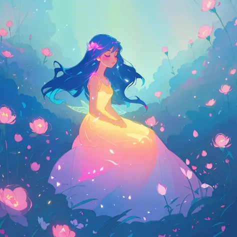 beautiful girl in gradient colorful dress, yellow pink purple fairy dress, beautiful girl sitting in a field with pink red flowers, puffy pink flowers, glowing lights, whimsical landscape, long dark blue flowing hair, watercolor illustration, inspired by G...