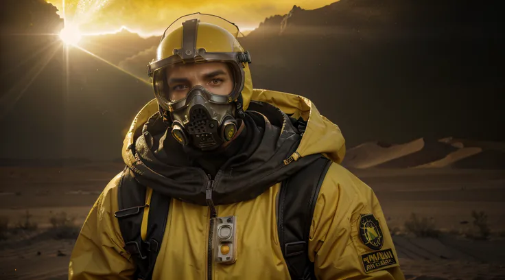 Hyperrealist , fantasy art , photo realistic , 1 guy with a full HAZMAT Suit with model h gaz mask covered with glass, in the desert yellow color, dynamic envirenement and lighting , Yellow Smoke behind hem , realistic smoke very yellow color like dangerou...