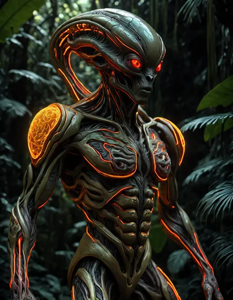 muted photo titled "male futuristic alien creature of light neon lava color in a jungle"  muted palette,(by Ivan Albright:1.2), muted colors, detailed, 8k, Ultra High Definition, 8k, Unreal Engine 5, Ultra Sharp Focus, Intricate Artwork Masterpiece, Ominou...