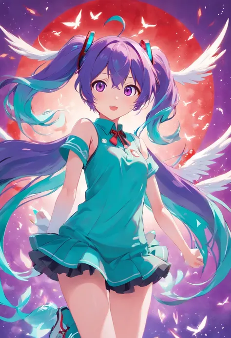 HATSUNE Miku, simple background, purple hair, red wings, cute and crazy looking