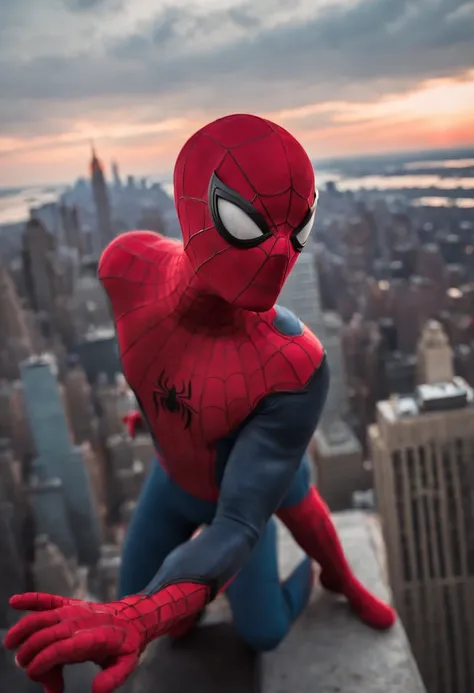 Spiderman standing ontop of the empire state building looking down on NYC as he holds on with one arm