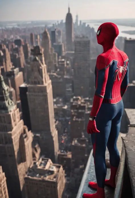 Spiderman standing ontop of the empire state building looking down on NYC as he holds on with one arm