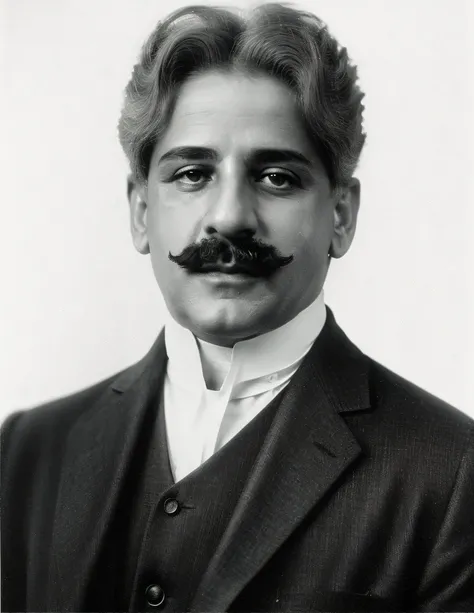 Fazer com que o personagem seja realista, texturas realistas, o penteado do cabelo deve ser exatamente igual ao original, mustache must be identical to the original, Arafed foto em preto e branco de um homem com bigode, Leon Battista Alberti, vittorio matt...