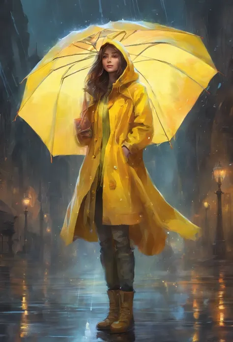 A fifteen-year-old girl，Wear a yellow hooded raincoat，full body pov，Half-kneeling position，Bare legged，Barefoot，Standing in heavy rain，Accentuate the texture of raincoats and gelcoats，Accentuates the translucent texture of the raincoat