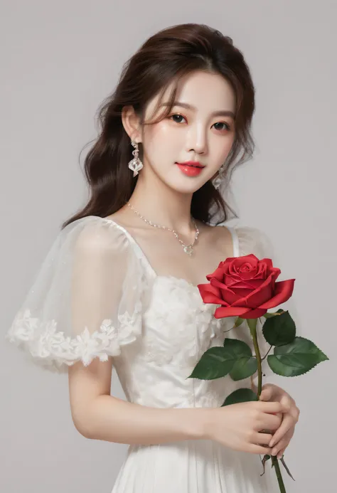 (best quality,4k,8k,highres,masterpiece:1.2), ultra-detailed, (realistic,photorealistic,photo-realistic:1.37), a woman in a wedding dress holding a rose, Shin Jin Young, album art, official artwork, Kim Tae Jun, inspired by Jung Shin, Kuvitz, portrait of J...