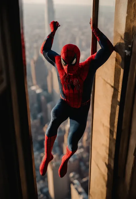 Spiderman standing ontop of the empire state building looking down on NYC as he holds on with one arm, cinematic, dramatic light, golden hour, haze