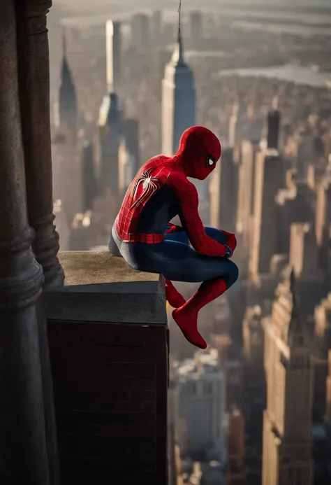 Spiderman standing ontop of the empire state building looking down on NYC as he holds on with one arm, cinematic, dramatic light, golden hour, haze