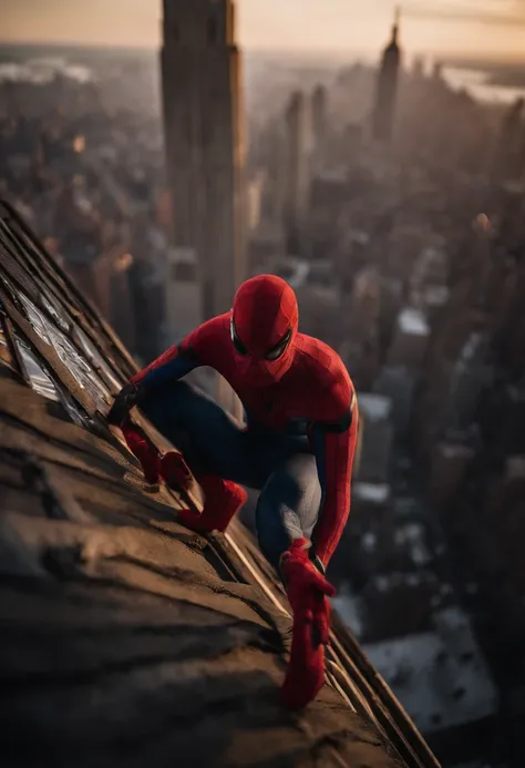 Spiderman standing ontop of the empire state building looking down on NYC as he holds on with one arm, cinematic, dramatic light, golden hour, haze