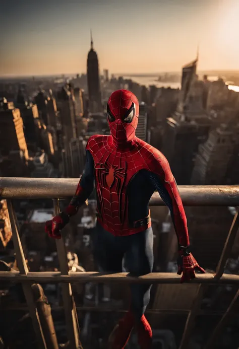 Spiderman standing ontop of the empire state building looking down on NYC as he holds on with one arm, cinematic, dramatic light, golden hour, haze