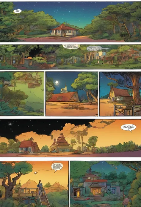 quadrinhos americanos, The comic is presented in several irregular panels with colors. Um rapaz e uma garota correndo em uma floresta de uma ilha sob o luar da noite, An old mansion in the back