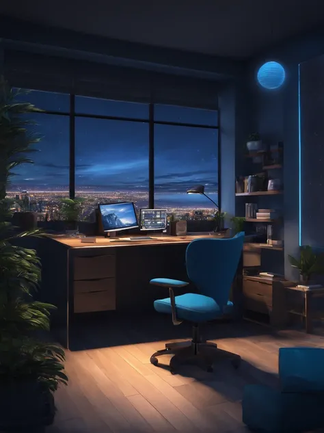 (Best quality,A high resolution:1.2),Ultra-detailed,professional,Anime landscape,nighttime scene,Computer desk,Modern and stylish computer,elegant design,Elegant screen,Cool blue lighting,the wallpaper,Highly detailed