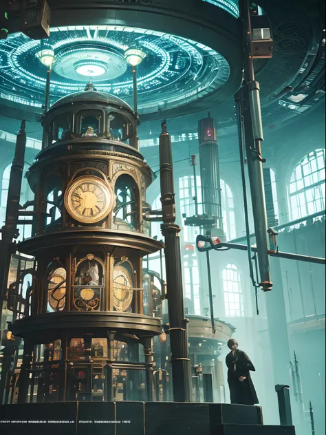 Michael Sparks, Heinrich Lefler, Surreal, mysterious, strange, fantastical, fantasy, Sci-fi, Japanese anime, world inside the clock, time cat, exploring miniskirt beautiful girl, perfect volume body, gears, machines, wires, tubes, connected earth, hyper de...