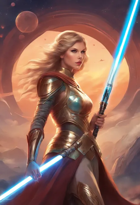 taylor swift in a galaxy far far away with a light saber and full body armor.