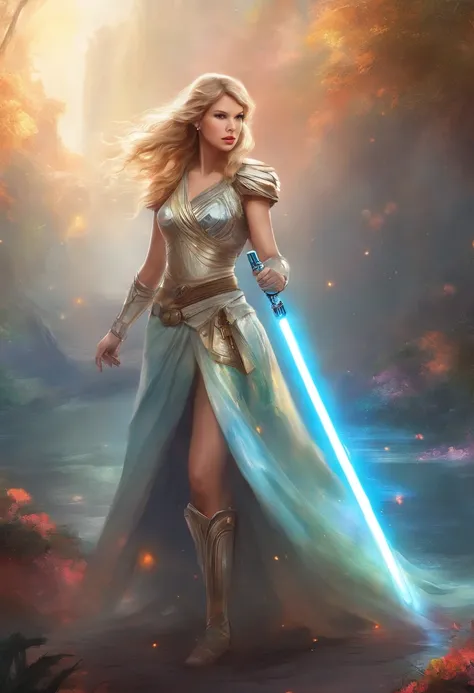 taylor swift in a galaxy far far away with a light saber and full body armor.