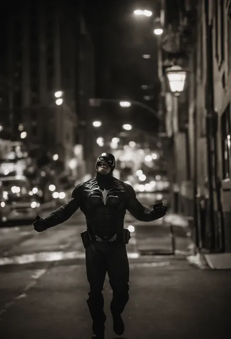 Venom screeming downtown NYC as he holds on with one arm, cinematic, dramatic light, golden hour, haze