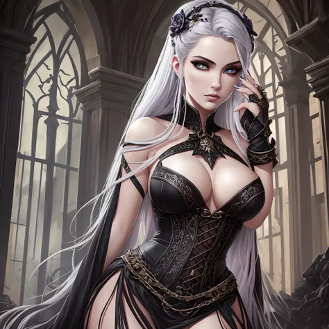 Fantasy, midieval, magic, guildmaster, dynamic lighting, ultra realistic, dynamic pose, master mage, fire mage, evil, gothic, emissary of shadows, cobras, amber eyes, silver hair, pale skin, This woman exudes confidence and sensuality with her delicate ala...