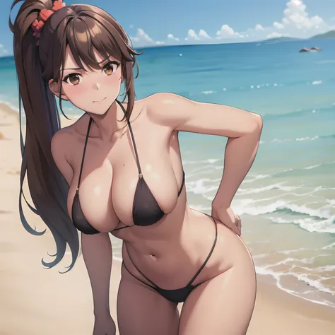 masterpiece, best quality, highres, brown hair, brown eyes, side ponytail, cowboy shot, standing, beach, micro bikini, embarrass...