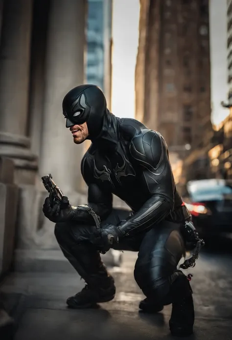 Venom screeming downtown NYC as he holds on with one arm, cinematic, dramatic light, golden hour, haze