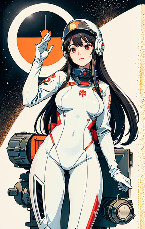 1girl,flat_breasts,cute,beautiful detailed eyes,shiny hair,visible through hair,hairs between eyes, CCCPposter, sovietposter,red monochrome,soviet poster, soviet,communism, Black_hair,red_eyes,vampire,teenage,poorbreast,Spacesuit:Orange_clothing_body:jumps...