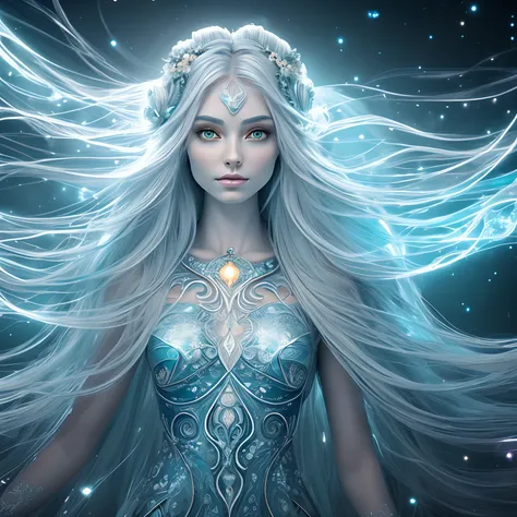 Create a digital illustration of Seraphina, the ethereal and compassionate (alien:1.3) healer. Render her with impeccable detail and intricate cosmic patterns on her flowing robes. Emphasize the luminescent, (pale blue skin:1.3), radiant silver eyes, and l...