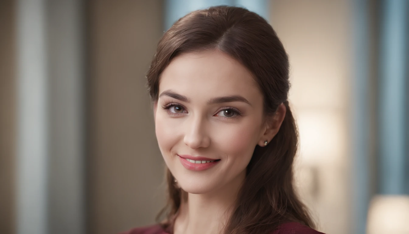 “(best quality, ultra high definition, ultra resolution:1.2), a woman smiling, wearing formal attire in an office, ultra-detailed features, photorealistic, with vibrant colors, studio lighting, sharp focus, physically-based rendering, with a touch of bokeh...