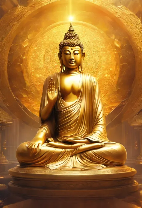 Highly detailed portrait of a huge golden Buddha with a halo of the sun god，golden colored，Background gold,