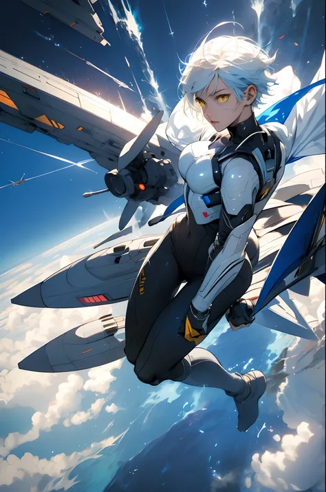 Solo, Superhero, Anime girl with short white hair in futuristic suit flying through the air, Yellow eyes, bluntbangs, Air power, The wind impulses around the body, Blue sky in background