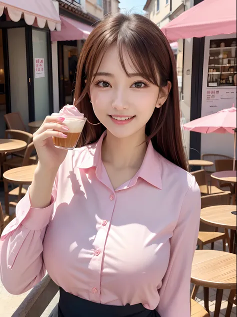 masutepiece、Best Quality、 ultra-detailliert、hight resolution、8K Wallpapers、Perfect dynamic composition,、Beautiful detailed eyes、(Beautiful breasts:1.1)、Pink Business Shirt、1girl in、a beauty girl、Brown hair、cafe terrace、Eat sweets in a large glass delicious...