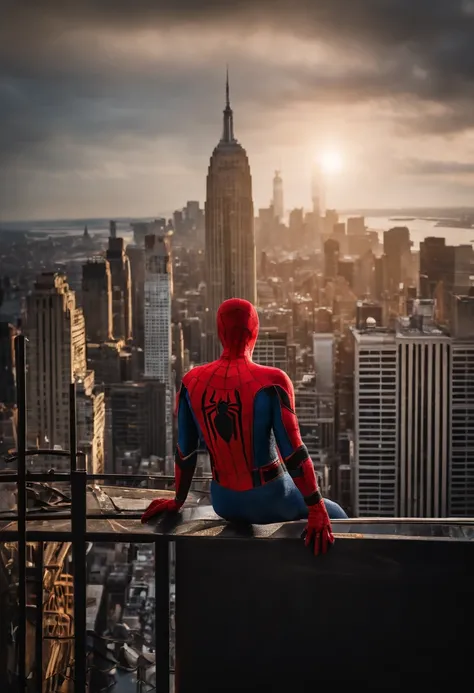 Spiderman standing ontop of the empire state building looking down on NYC as he holds on with one arm, cinematic, dramatic light, golden hour, haze