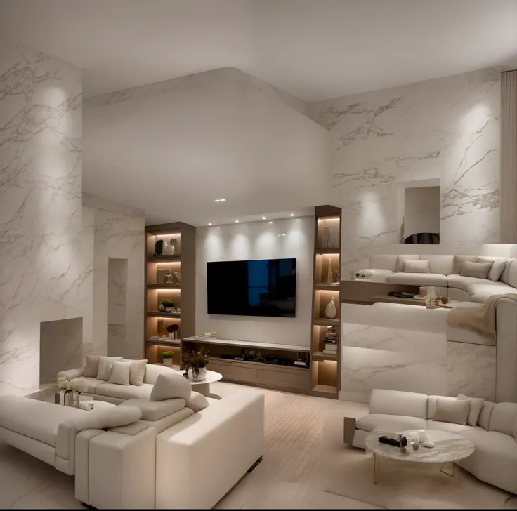 about neo classical lliving room with a dark brown simili leather sofa, gray fur rugivory and white  marble, marble walls, the potter decor on a wall, white marble floor, morden and classiccal space, super sophisticated texture,  elegant and refined, exagg...